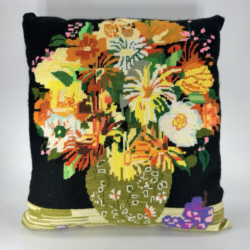 Vtg Handmade Needlepoint Throw Pillow Black Green Yellow Bouquet Vase Boho 16"